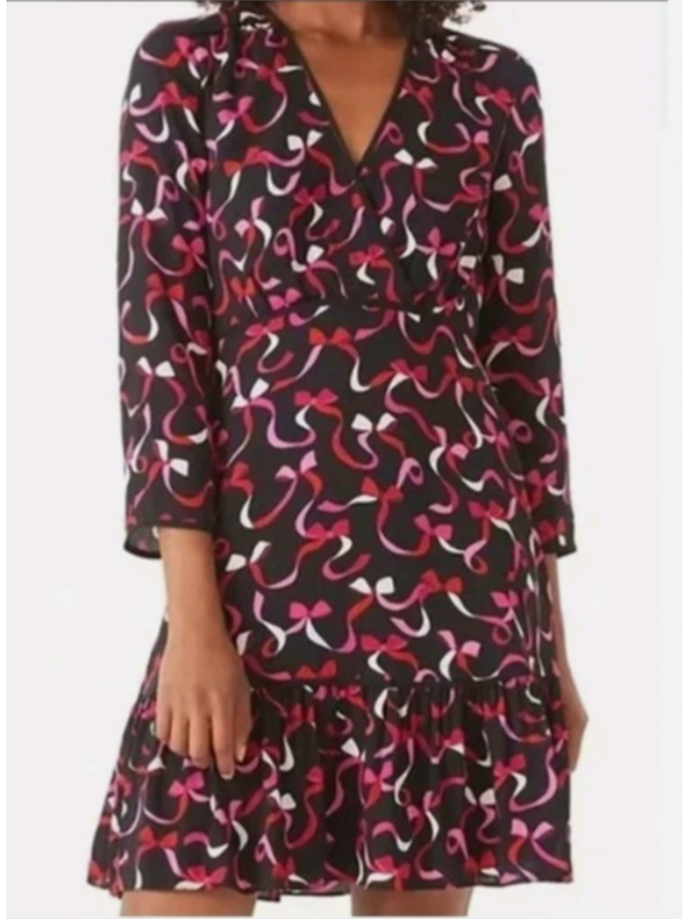 Kate Spade NY Black Red Pink Ribbon Bow V Neck Dress Size 8 Lined Career A50